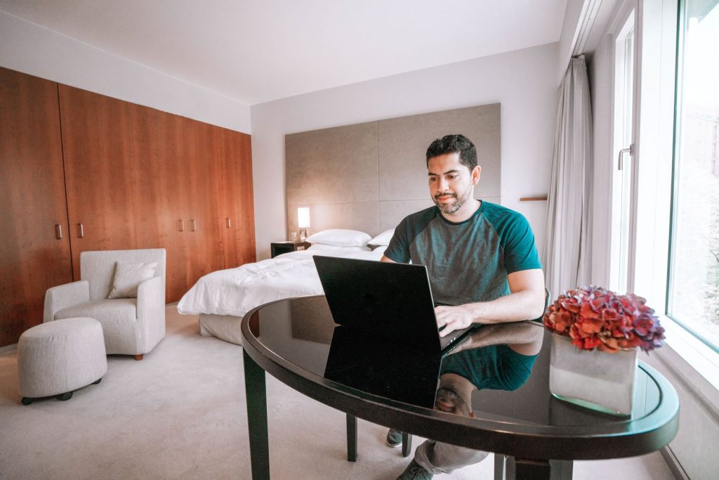 working remotely in a hotel room
